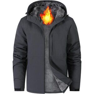 Men's Waterproof Snow Gray Jacket Fleece Lined Warm Winter Rain Jacket with Hood